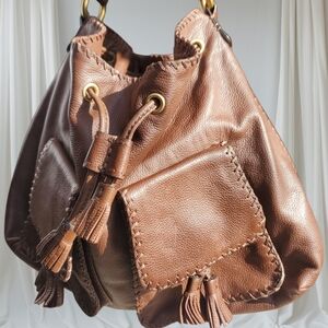 Antonio Melani Saddle Brown Leather Women's Bucket Bag, Vintage Lux Y2K Hobo Bag